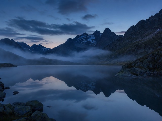 An alpine lake at blue hour