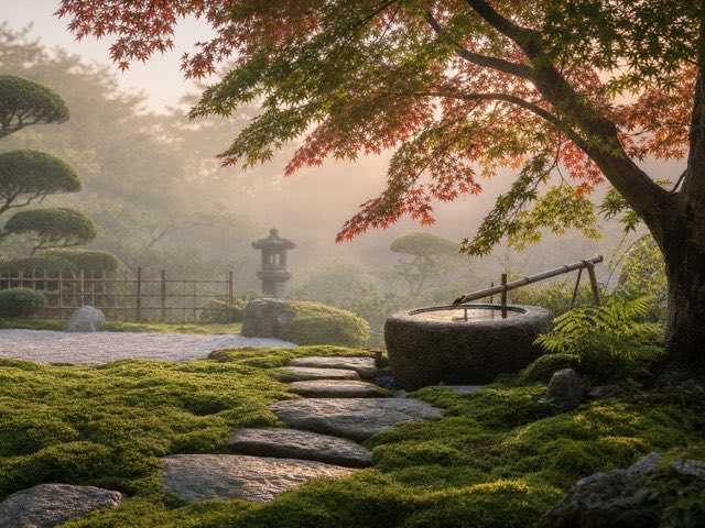 A Japanese garden in morning mist