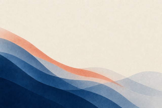 Layered blue and coral waves rising from the left