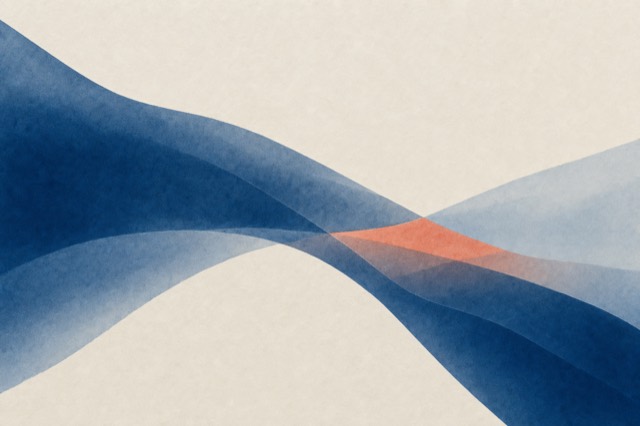 Two ribbons crossing, blue over coral